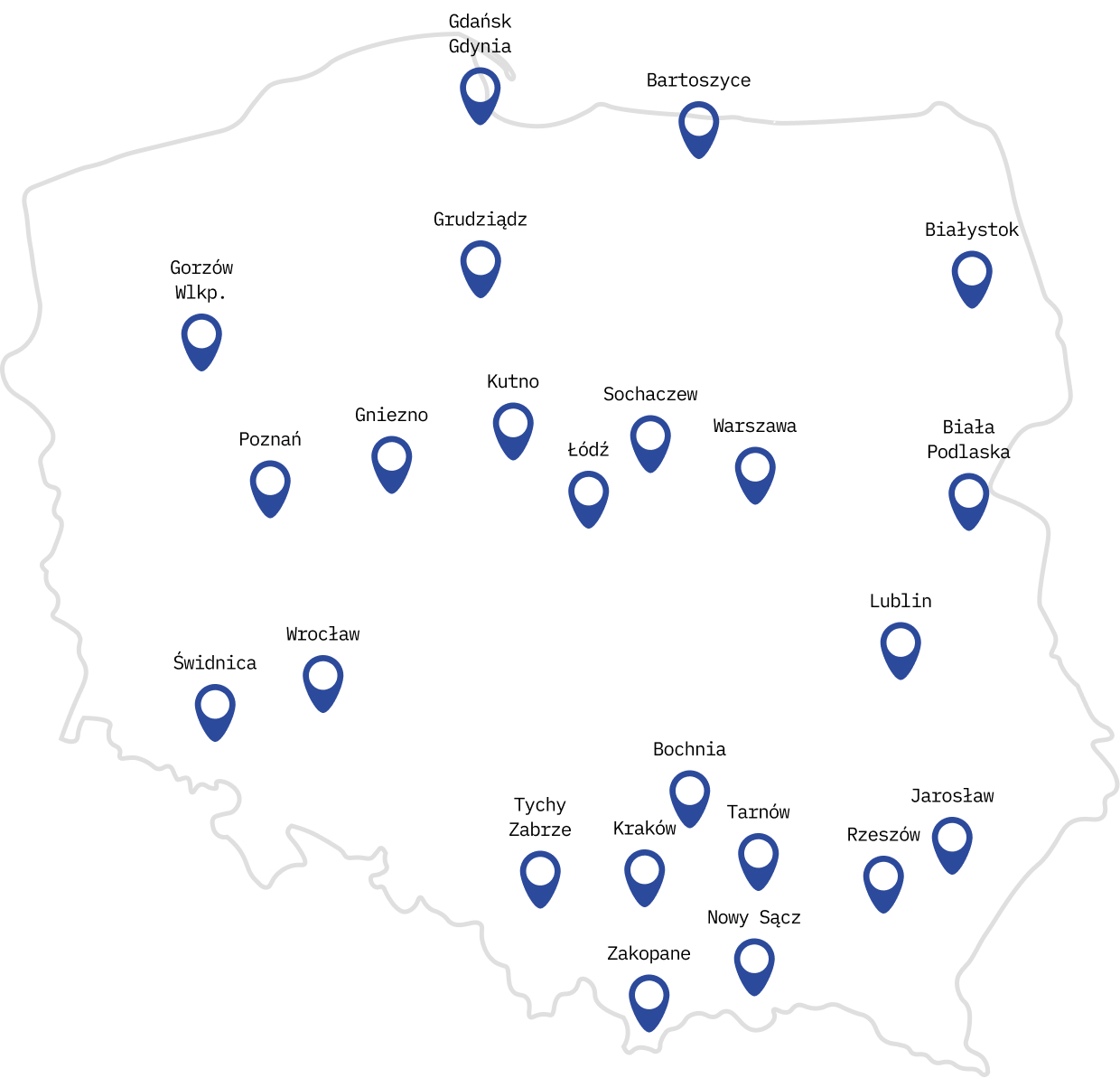 Mapa Polski z miastami, w których MD Clever realizował obiekty handlowe